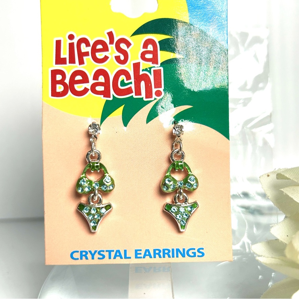 Crystal Bikini Dangle Earrings Blue Green Sterling Silver Hypo Allergenic NEW - Picture 5 of 5